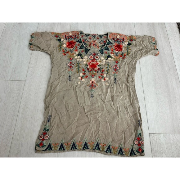 Johnny Was Embroidered Boho Short Sleeve Tunic Top Floral Size S Taupe Colorful - Picture 1 of 12